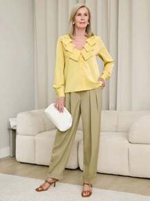SHEIN LUNE Women's Solid Color V-Neck Long Sleeve Elegant Office Blouse, Spring & Summer - Yellow - View 4