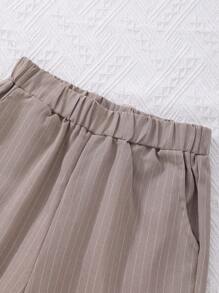 Sparklyn 3 件套 Tween 女童条纹背心、蝴蝶结装饰纯色长袖衬衫和裤子套装 - 卡其色 - 查看 7