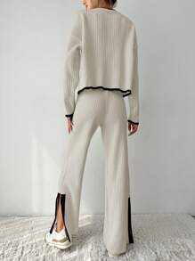 EURMUSE À Bordure Contrastante Épaule tombante Pull & Fendu En Tricot Pantalon