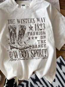 Attitoon Western Boot Print Fitted Round Neck Short Sleeve Women's T-Shirt, Summer, Cotton Blend