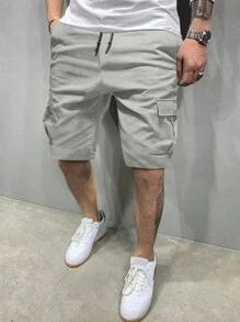 Manfinity Homme Men Loose Fit Flap Pocket Drawstring Waist Cargo Shorts, Men Cargo Shorts, Streetwear Men Shorts, Grey Shorts For Men, Men's Casual Shorts - Light Grey - View 3