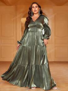 Faeriesty Plus Lantern Sleeve Ruffle Hem Belted Dress