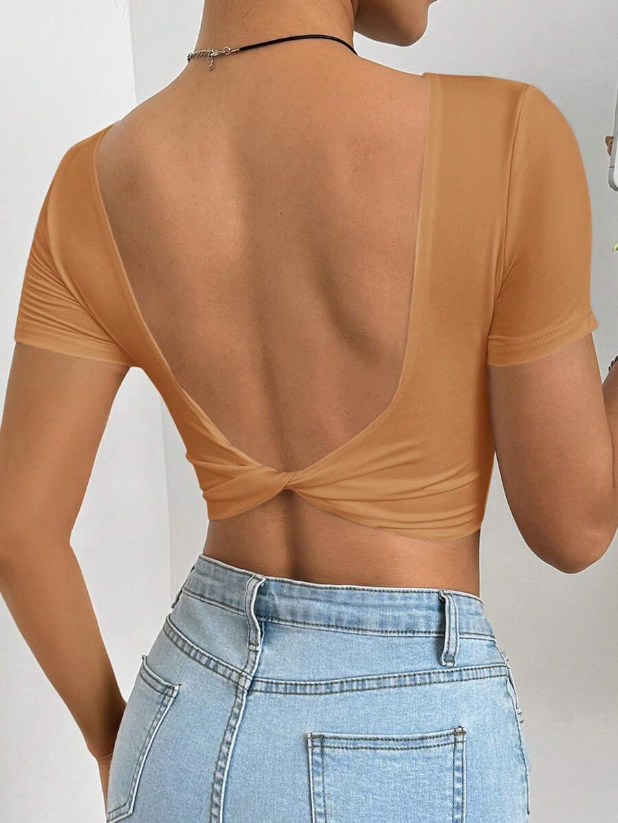 Muchica 女士纯色短袖扭纹后背简约 T 恤，休闲日常穿着