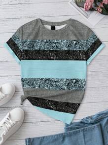 EMERY ROSE Women Casual Glitter Stripe Pattern T-Shirt, Suitable For Summer - Blue - View 7