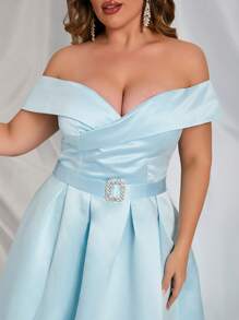 Plus Off Shoulder Split Thigh Belted Satin Dress - Baby Blue - View 6