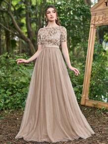 Faeriesty 优雅及地雪纺罩衫礼服，飘逸风格 - 香檳色 - 查看 1