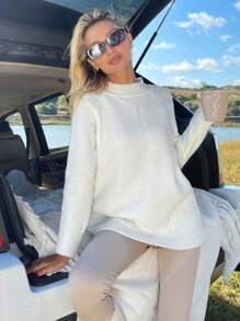 EURMUSE Women Solid Color Mock Neck Sweater - White - View 4