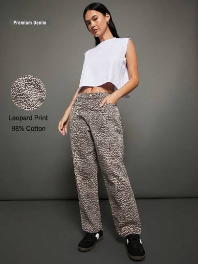 WESTFADE Premium 98% Cotton Denim Ankle Length Leopard Straight Leg Jeans