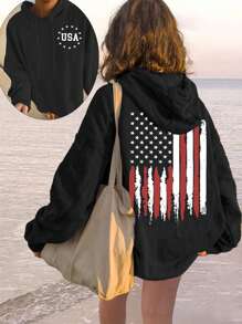 INAWLY Loose Fit Hoodie With USA Slogan Print For Women USA,Long Sleeve Tops Pullover Fall Outfit - Black - View 1