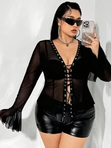 SHEIN ICON Plus Size Sheer Mesh Eyelet Binding Decor See-Through Top - Black - View 4