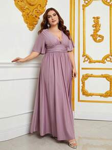 Plus Plunge Neck Butterfly Sleeve Split Thigh Dress - Mauve Purple - View 5