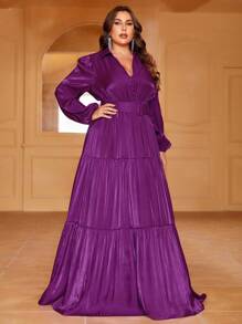 Plus Lantern Sleeve Ruffle Hem Chiffon Dress - Purple - View 6