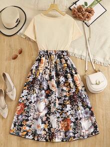 少女花卉印花长裙，优雅 - 杏色 - 查看 2