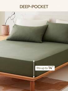 2/3pcs Solid Color Fitted Sheet, Mattress Protector, Mattress Cover, Deep Pocket Fitted Sheet, Soft & Breathable, Fits Twin, Full, Queen, King Size Beds, 14 Inch/35cm Deep Pocket - Olive Green - View 5