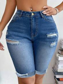 SHEIN SXY Denim-Shorts mit zerrissenem, ausgefranstem Saum - Blau - Übersicht 5