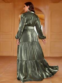 Faeriesty Plus Lantern Sleeve Ruffle Hem Belted Dress - Army Green - View 2