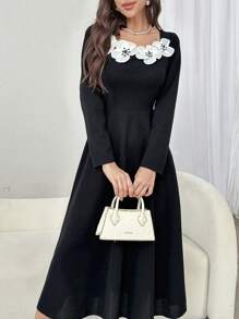 Modelyn Váy dài tay màu chắp vá của phụ nữ - màu đen - Xem 6