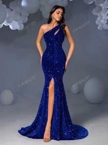 Faeriesty Elegante y glamoroso vestido de noche con un hombro con lentejuelas y abertura - Perfecto para eventos de alfombra roja, bodas de lujo, inauguraciones de galerías de arte y galas de moda de medianoche