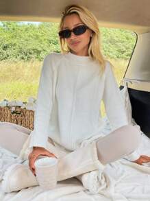 EURMUSE Women Solid Color Mock Neck Sweater - White - View 6