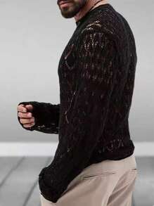 Manfinity Dauomo Áo len dệt kim cổ tròn màu trơn cỡ lớn cho nam, mùa xuân thu - màu đen - Xem 2