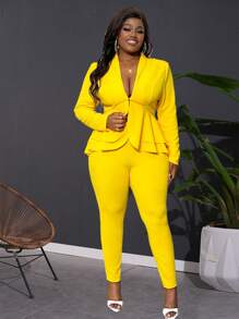 Slaydiva Fall Classic Commuting Women's Plus Size Yellow Women Dresses Yellow Solid Color Waist-Cinching Frilled Hem V-Neck Suit Set - Yellow - View 12