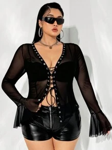 SHEIN ICON Plus Size Sheer Mesh Eyelet Binding Decor See-Through Top - Black - View 5