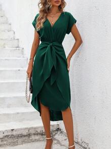 SHEIN Clasi Solid Batwing Sleeve Wrap Hem Belted Dress Maxi Women Outfit - Green - View 5