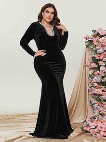 Faeriesty 大碼水鑽細節魚尾裙下擺絲絨伴娘連衣裙 - 黑色 - 查看 3