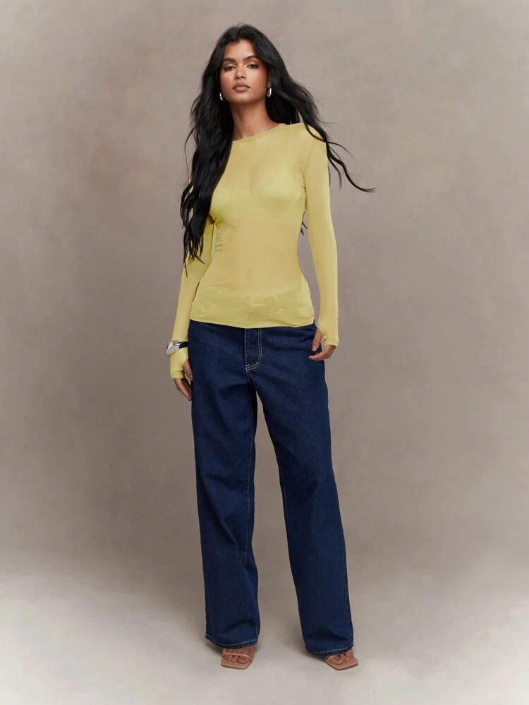 MISSGUIDED Haut à manches longues avec trou pour le pouce en maille transparente