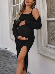 SHEIN 2 件装孕妇纯色基本款开衩吊带连衣裙和长袖开衫套装 - 黑色 - 查看 2