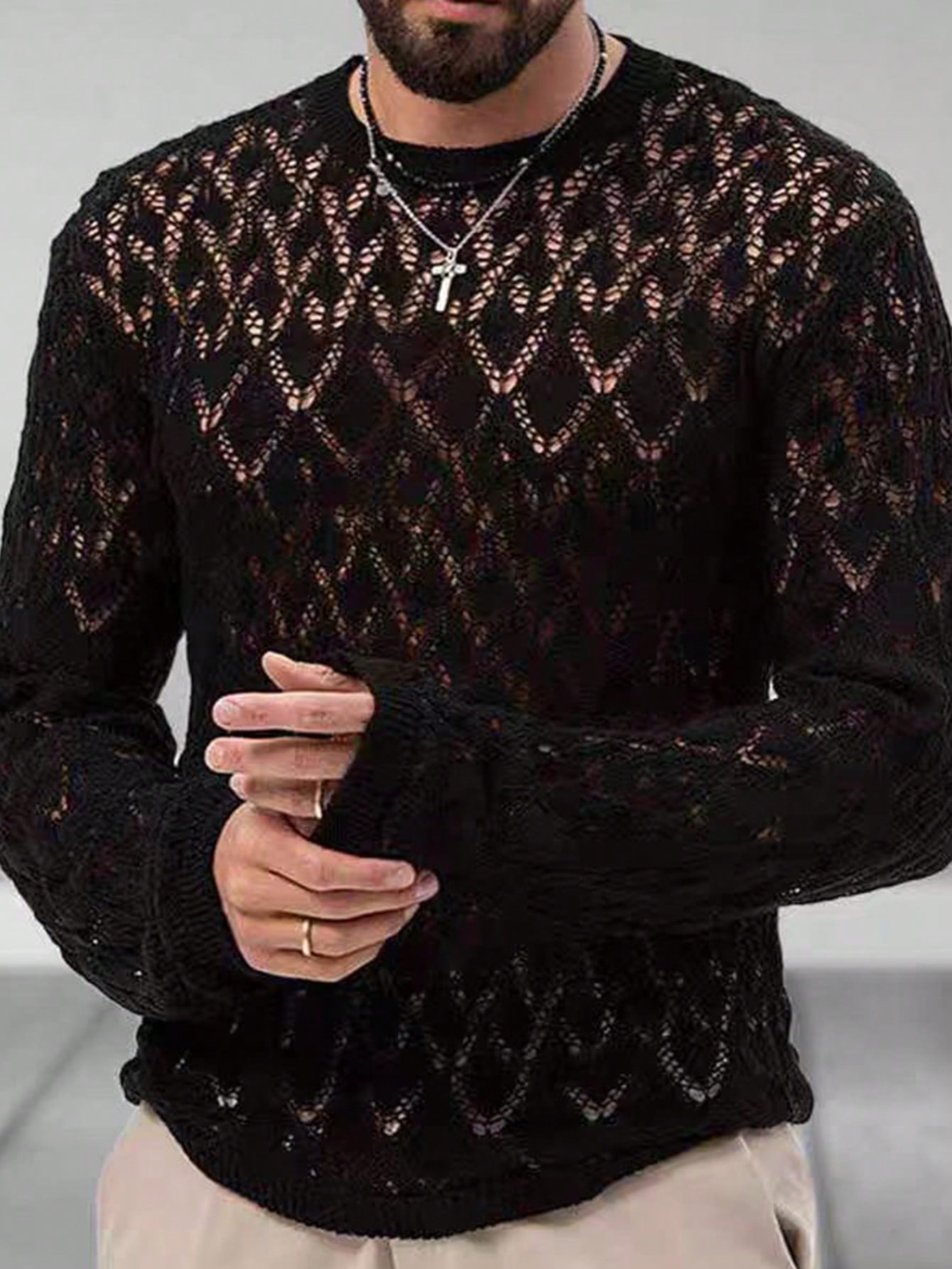 Manfinity Dauomo Plus Size Men's Solid Color Crew Neck Hollow Out Casual Knit Sweater, Spring Autumn