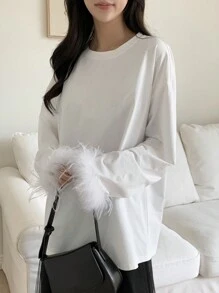 DAZY Women's Solid Color Crew Neck Drop Shoulder Long Sleeve Fluffy Cuff Casual T-Shirt, Spring & Summer