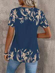 Camiseta 2 en 1 de manga corta con estampado de hojas para mujer - Multicolor - Ver 2