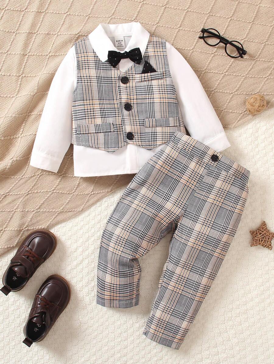 2 件套男婴英式时尚领结格子背心和裤子套装，正式婚礼派对服装，适合生日、婚礼、节日活动、圣诞节、感恩节、洗礼、婴儿的第一个母亲节、家庭装，秋冬