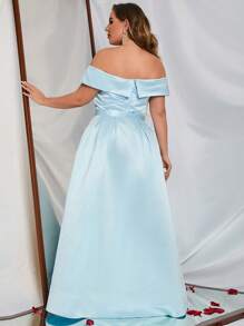 Plus Off Shoulder Split Thigh Belted Satin Dress - Baby Blue - View 2