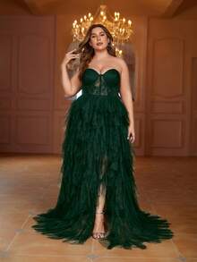 Faeriesty Plus Size Contrast Color Lace Slit High Thigh Mesh Strapless Formal Dress - Dark Green - View 6