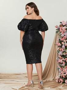 Faeriesty 加大露肩泡泡袖亮片紧身连衣裙优雅鸡尾酒会半正式舞会婚礼宾客礼服，适合生日、毕业典礼、晚宴、返校节 - 黑色 - 查看 2