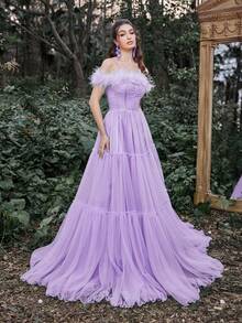Faeriesty Luxe Gorgeous Off Shoulder Mesh Overlay Maxi Prom Dress - Purple - View 4