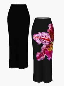 SHEIN EZwear Luźna, elegancka, dopasowana spódnica maxi z dużym kwiatowym nadrukiem dla kobiet, odpowiednia na lato