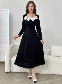 Modelyn Váy dài tay màu chắp vá của phụ nữ - màu đen - Xem 3