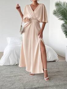 Chiquease Women's Solid Color 3d Flower Decorated Batwing Sleeve Dress With Side Slit - Apricot - View 3