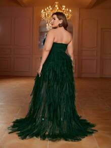 Faeriesty Plus Size Contrast Color Lace Slit High Thigh Mesh Strapless Formal Dress - Dark Green - View 2