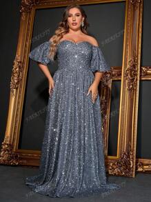 Luxurious Plus-Size Off-The-Shoulder Puff Sleeve A-Line Evening Gown | Sparkling Embellished Formal Dress For Grand Events – Perfect For Black Tie Galas, Red Carpet Evenings, Wedding Guest Attire, Opera Nights & Sophisticated Evening Dinners,Party Dress