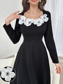 Modelyn Váy dài tay màu chắp vá của phụ nữ - màu đen - Xem 1