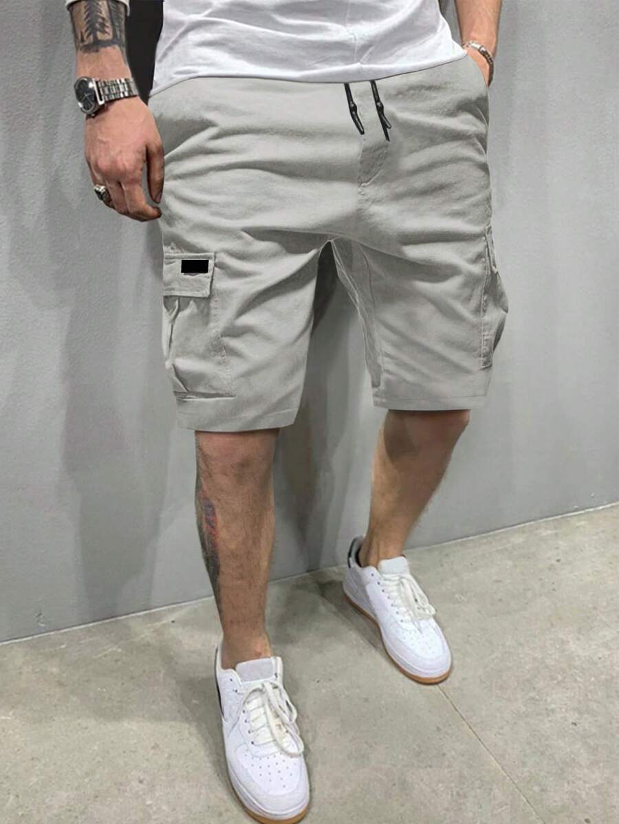 Manfinity Homme Men Loose Fit Flap Pocket Drawstring Waist Cargo Shorts, Men Cargo Shorts, Streetwear Men Shorts, Grey Shorts For Men, Men's Casual Shorts - Light Grey - View 1