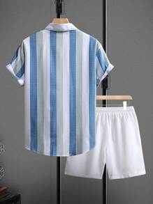 Manfinity Homme Striped Print Front Button Short Sleeve Shirt And Solid Color Drawstring Shorts Casual Summer Outfit - Blue - View 2