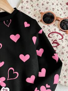 SHEIN Gato fofo e estampa floral de coração, moletom casual de malha confortável para meninas jovens, adequado para outono e inverno