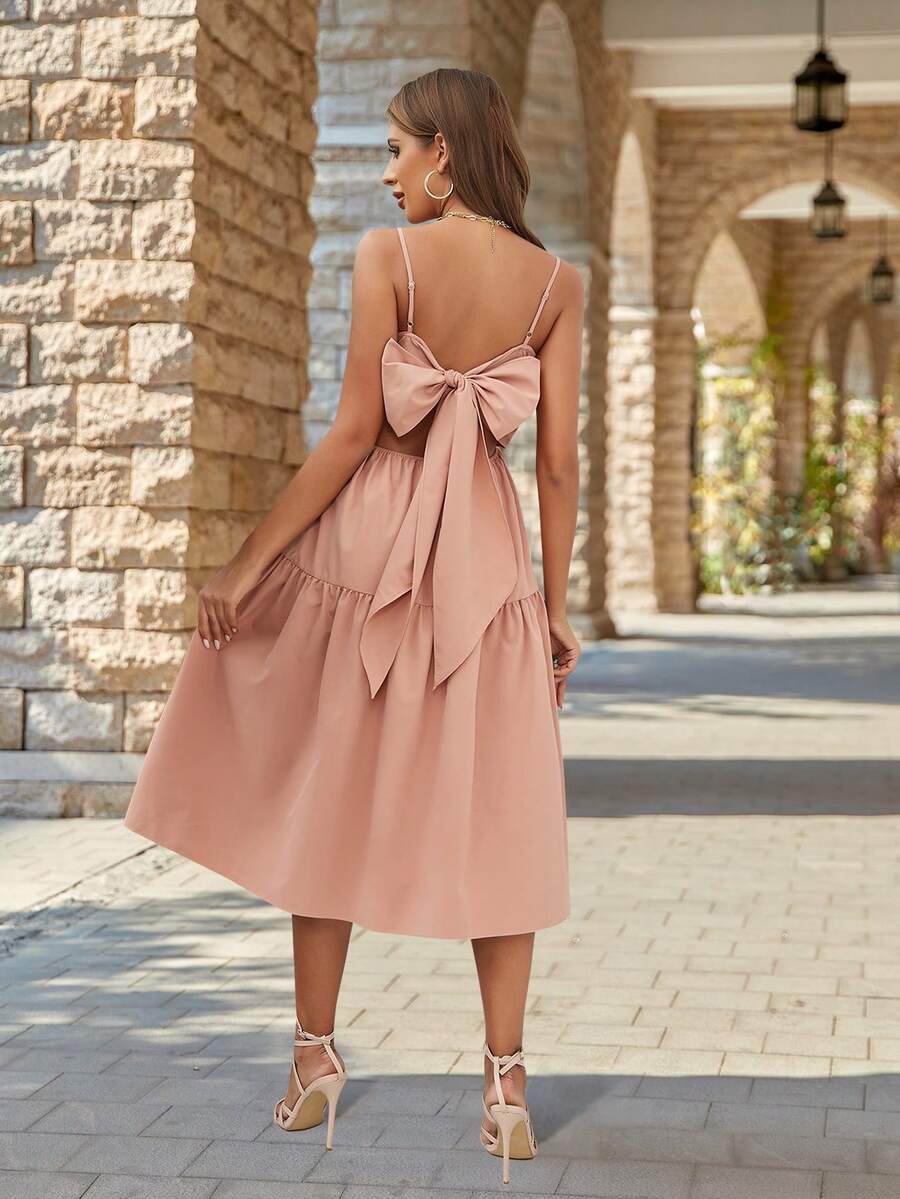 D&M Backless Bow Back Midi Cami Dress - Baby Pink - View 1