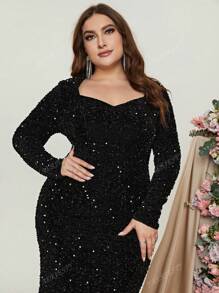 Elegant Plus-Size Evening Gown With Heart-Shaped Neckline & Long Sleeves | Curve-Hugging Mermaid Hem Dress For Formal Events | Luxurious Sparkling Embellishments, Structured Silhouette | Perfect For Galas, Black-Tie Weddings, Charity Fundraisers, Red Carpet Affairs, And High-End Dinner Parties,Party Dress,Wedding Guest