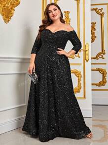 Faeriesty Plus Off Shoulder Sequin Formal Dress Black Elegant Prom Evening Wedding Guest Gown, For Graduation, Dinner Party Dress